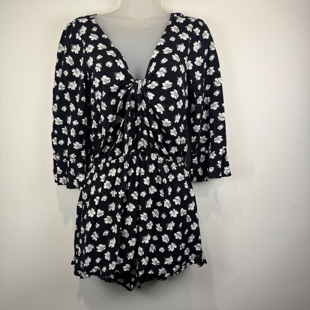 Abercrombie Fitch Womens Black Floral Print Knot‎ Front Romper Short Sleeve Sz M